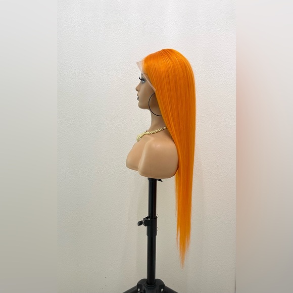 24” Orange Straight Human Hair, Transparent Lace Front Wig - Picture 6 of 12